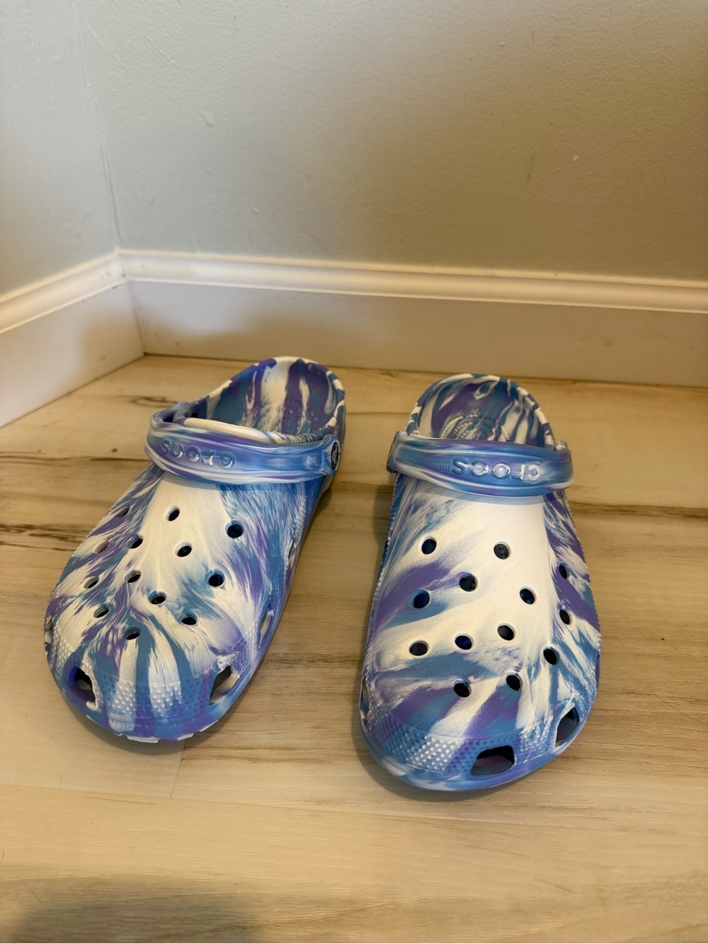CROCS Tie-Dye Purple, Blue & White Classic Clogs